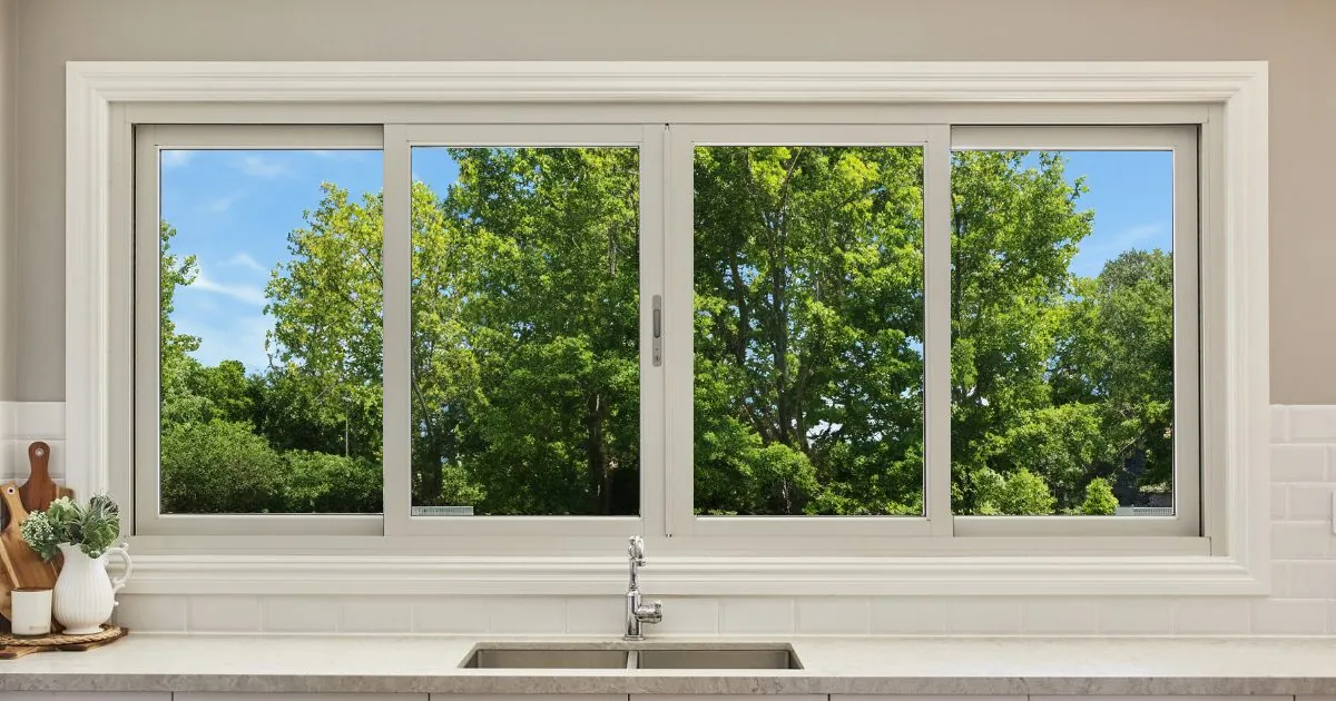 Aluminium sliding window with large glass panes in a modern room