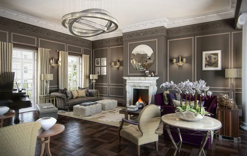 Classic panelled living room interior with a fireplace and chandelier