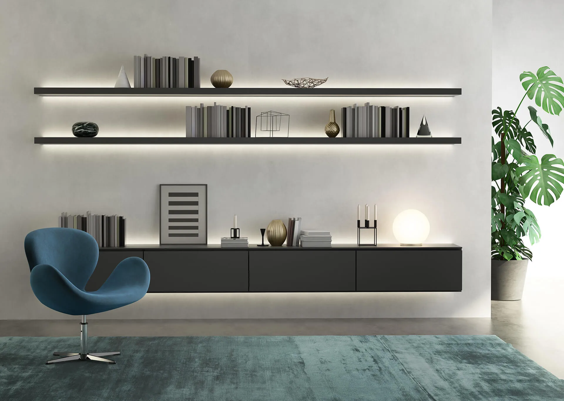 Modern minimalist interior with wall-mounted shelving and a lounge chair